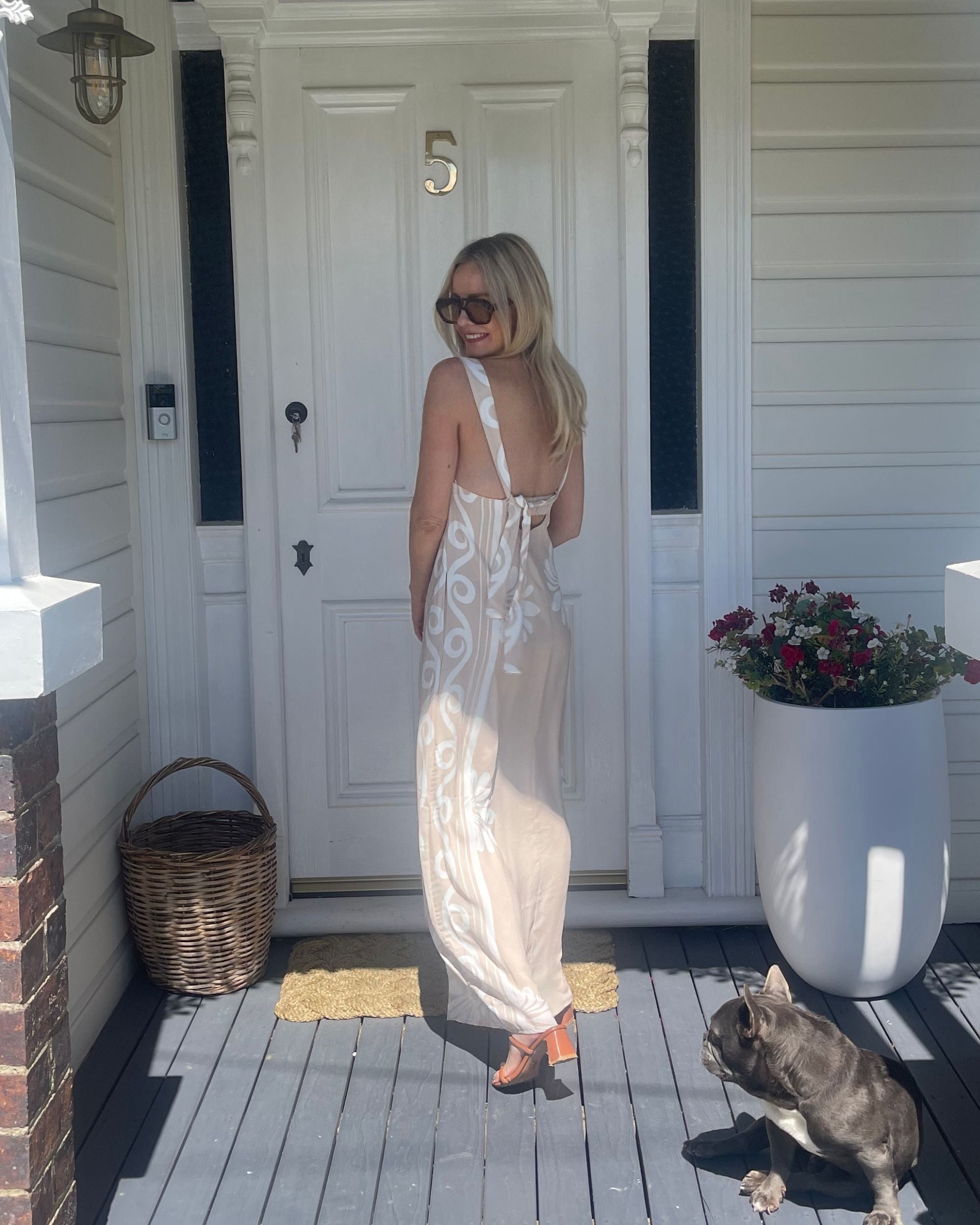 Holden Dress in Beige Floral beige floral sleeveless maxi full length view