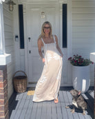 Holden Dress in Beige Floral womens beige floral linen maxi close up detail