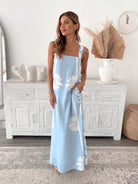 Holden Dress in Blue Floral womens blue floral linen maxi styled outfit