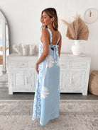 Holden Dress in Blue Floral blue floral linen maxi dress with square neckline side view