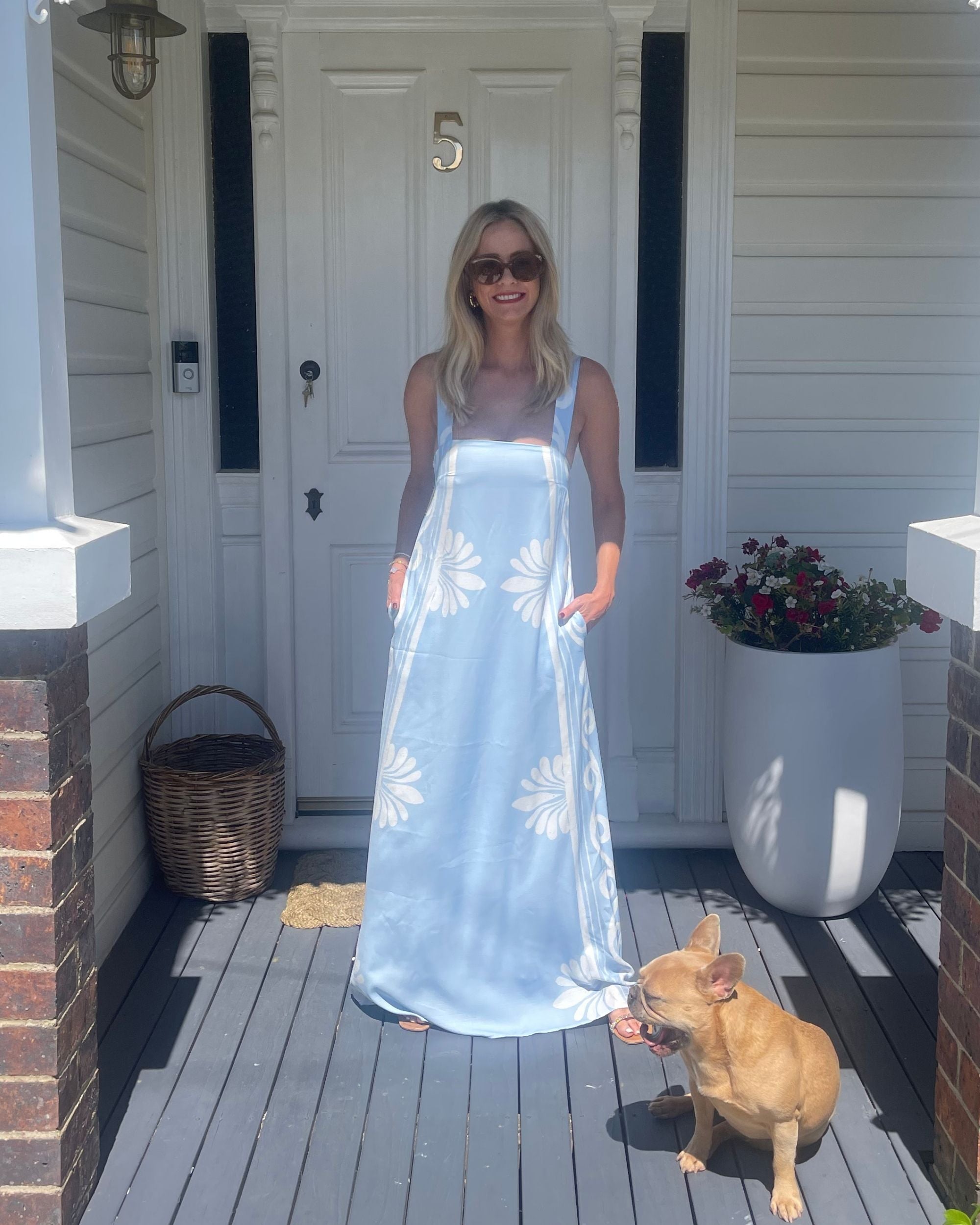 Holden Dress in Blue Floral blue floral linen maxi close up print detail