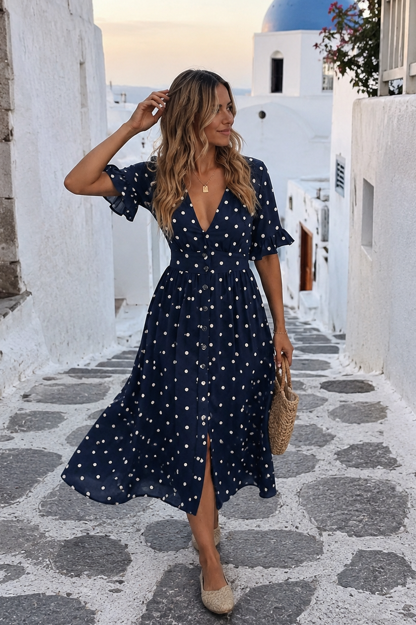 Women's navy spot linen midi dress, the Orrin Dress in Navy Spot by Esther & Co
