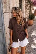 Women's cocoa relaxed linen blouse, the Fraise Top in Cocoa by Esther & Co
