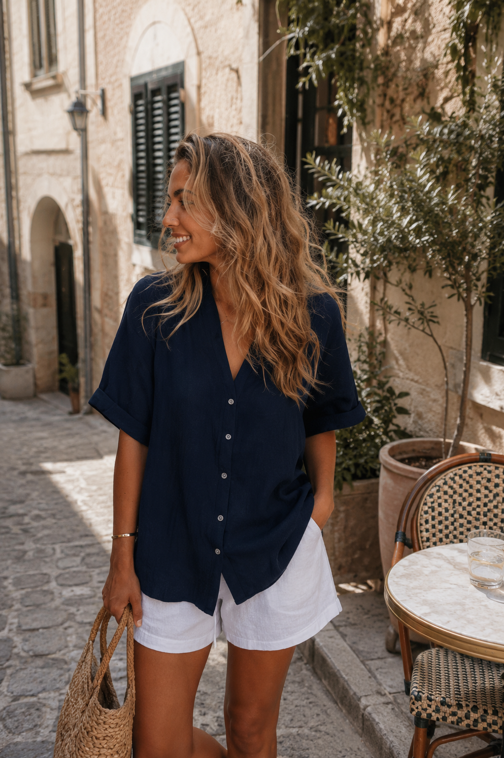 Women's navy relaxed linen blouse, the Fraise Top in Navy by Esther & Co