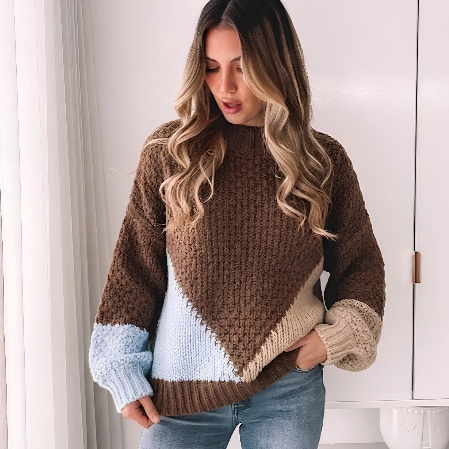 Maxence Knit in Choc Multi choc multi textured women's knit jumper styled outfit
