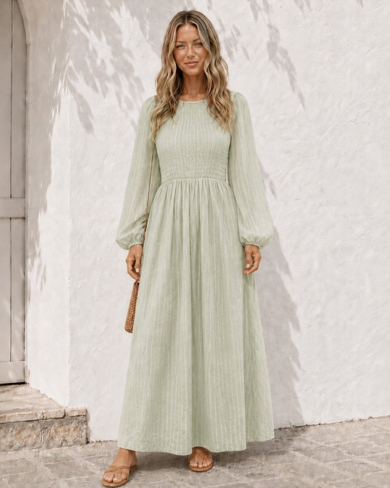 Women's soft khaki long sleeve cotton midi dress front view by Esther & Co