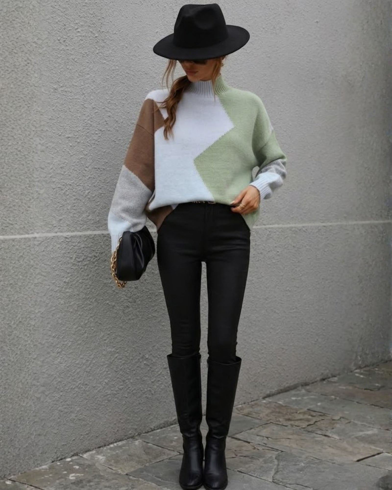 Illeana Knit in Sage Print womens geometric colour block knit jumper in sage camel and white front view