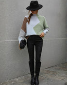 Illeana Knit in Sage Print womens geometric colour block knit jumper in sage camel and white front view