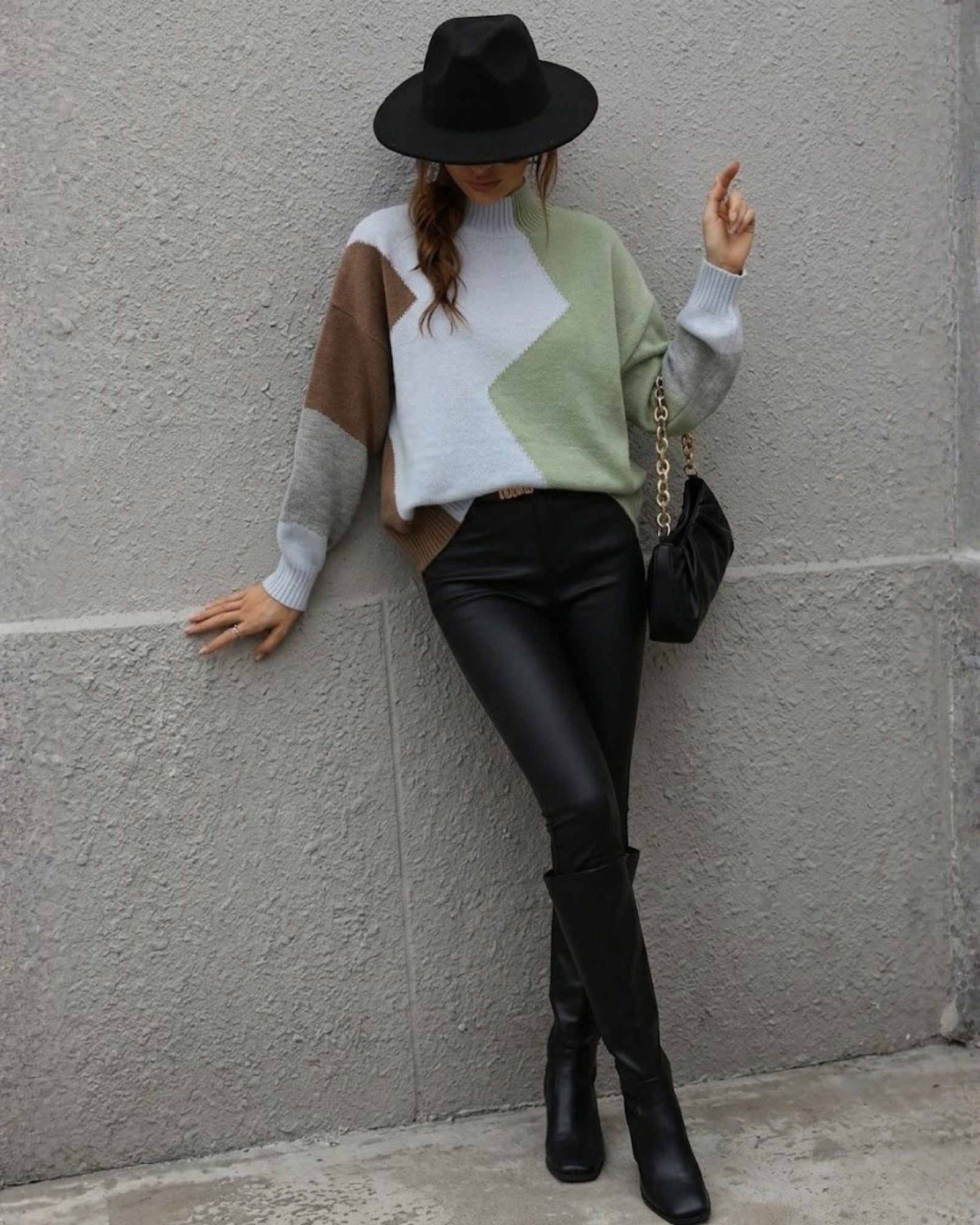 Illeana Knit in Sage Print sage print colour block wool blend knit with high mock-neckline side view