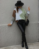 Illeana Knit in Sage Print sage print colour block wool blend knit with high mock-neckline side view
