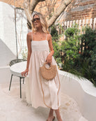 Ilyndra Dress in Beige Multi womens cotton maxi dress in beige and white front view