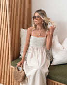 Ilyndra Dress in Beige Multi womens beige multi maxi dress back view