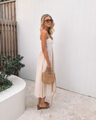 Ilyndra Dress in Beige Multi beige and white cotton maxi dress styled look