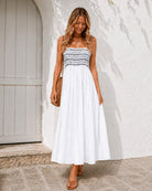 Women's white multi print shirred maxi dress, the Ilyndra Dress in White Multi by Esther & Co