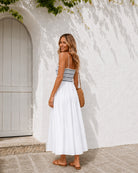 Women's white multi shirred maxi dress side view by Esther & Co