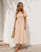 Women's beige cotton smock midi dress, the Iolana Dress in Beige by Esther & Co