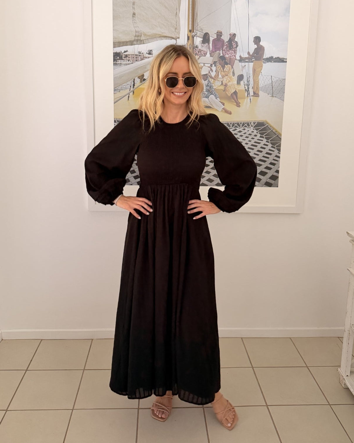 Iolana black long sleeve smock midi dress, front detail