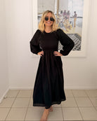 Iolana black long sleeve cotton midi dress, styled view