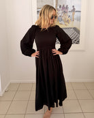 Iolana black long sleeve midi dress, back view