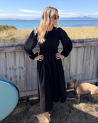 Iolana black long sleeve cotton midi dress, full length