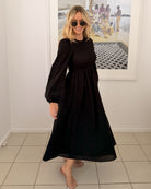 Iolana black long sleeve midi dress, detail view