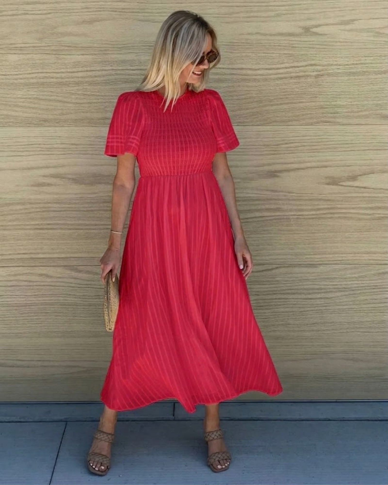 Women's flowy cherry red cotton dress styled for day to evening by Esther & Co