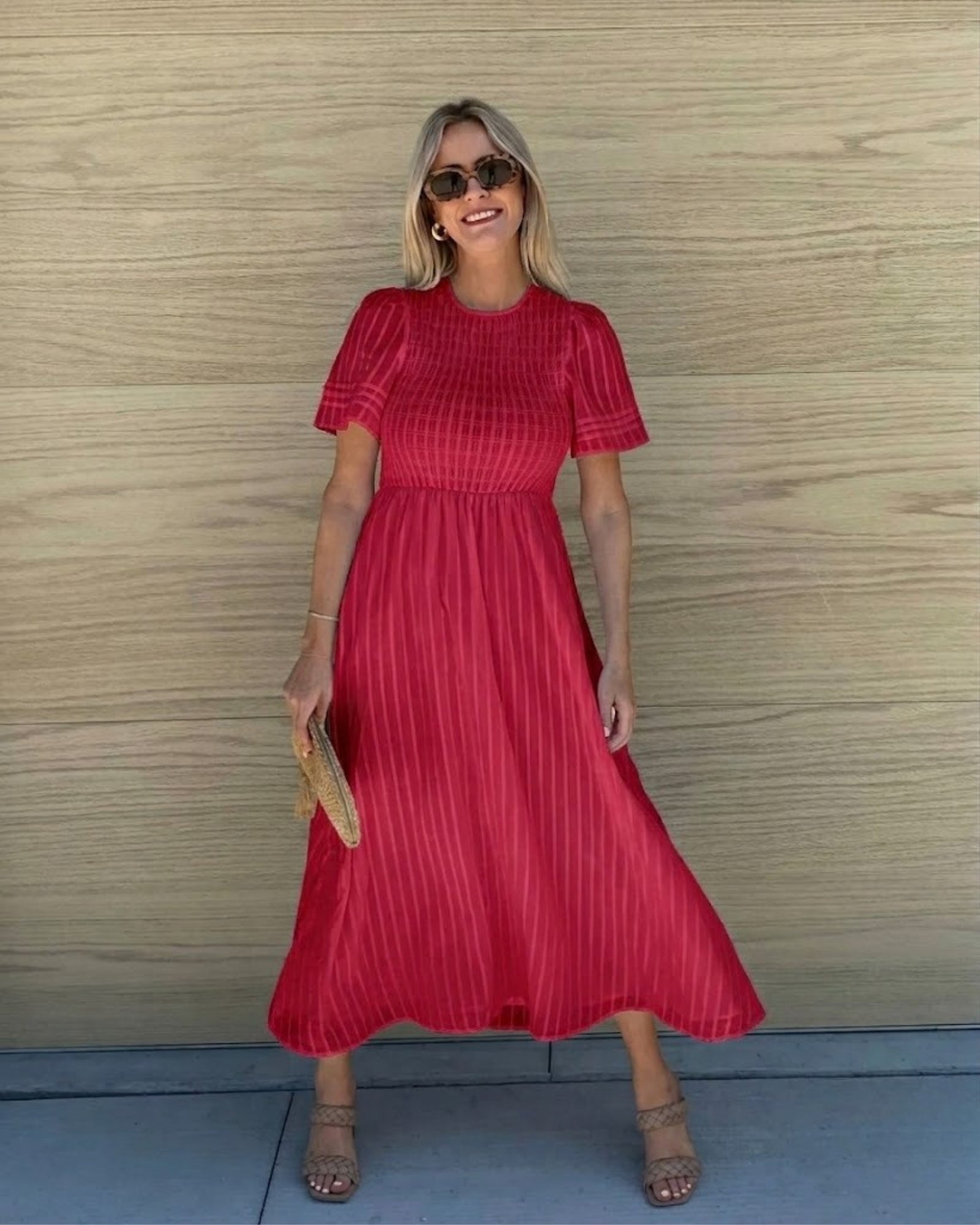 Women's cherry red cotton midi dress with shirred bodice, the Iolana Dress in Cherry by Esther & Co