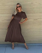 Women's chocolate cotton midi dress with shirred bodice and flutter sleeves, the Iolana Dress in Chocolate by Esther & Co