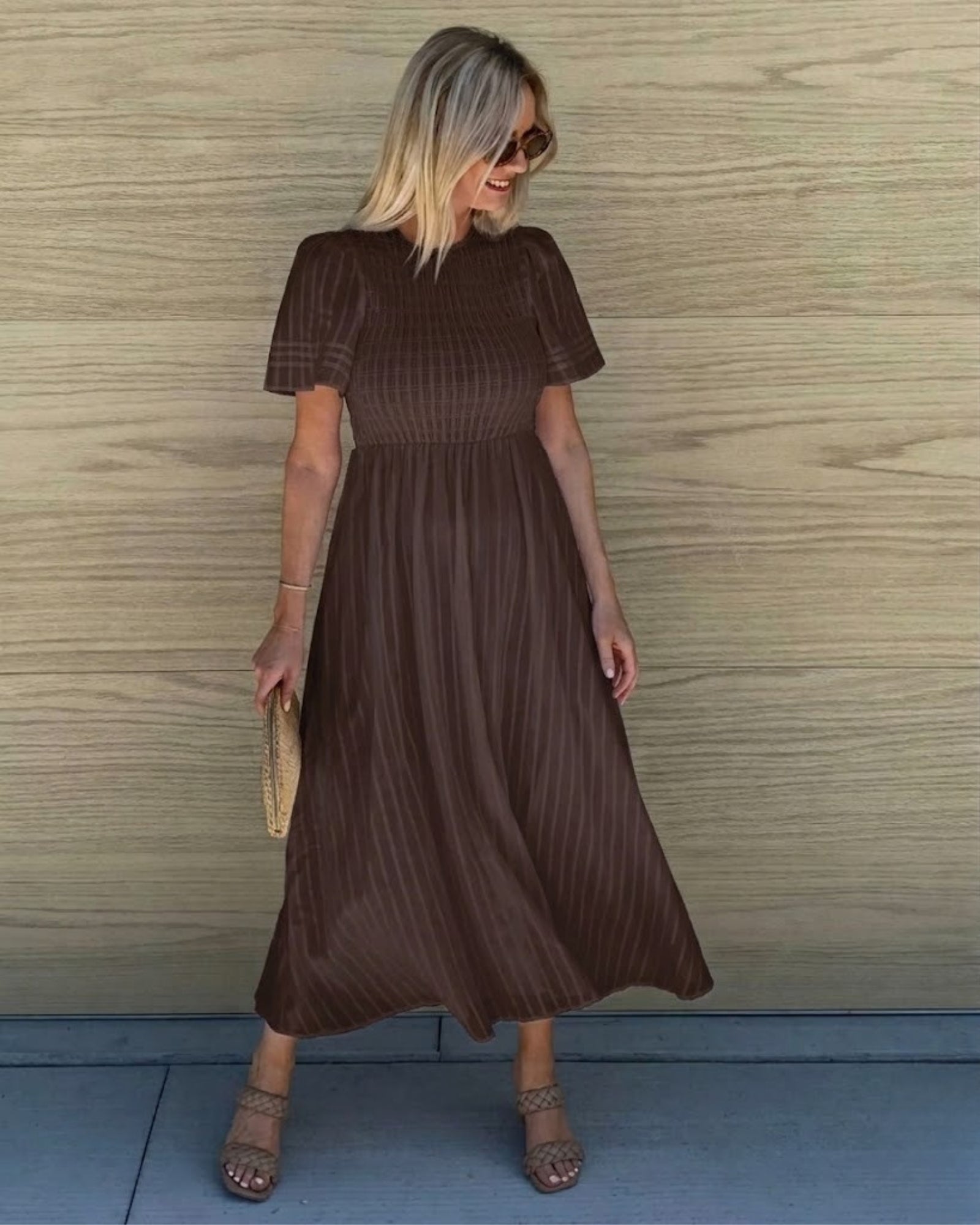 Women's chocolate brown a-line midi dress with crew neckline by Esther & Co