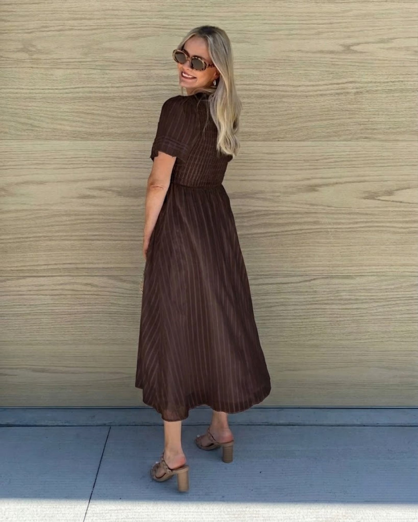 Women's flowy chocolate cotton dress with vertical pinstripe texture by Esther & Co