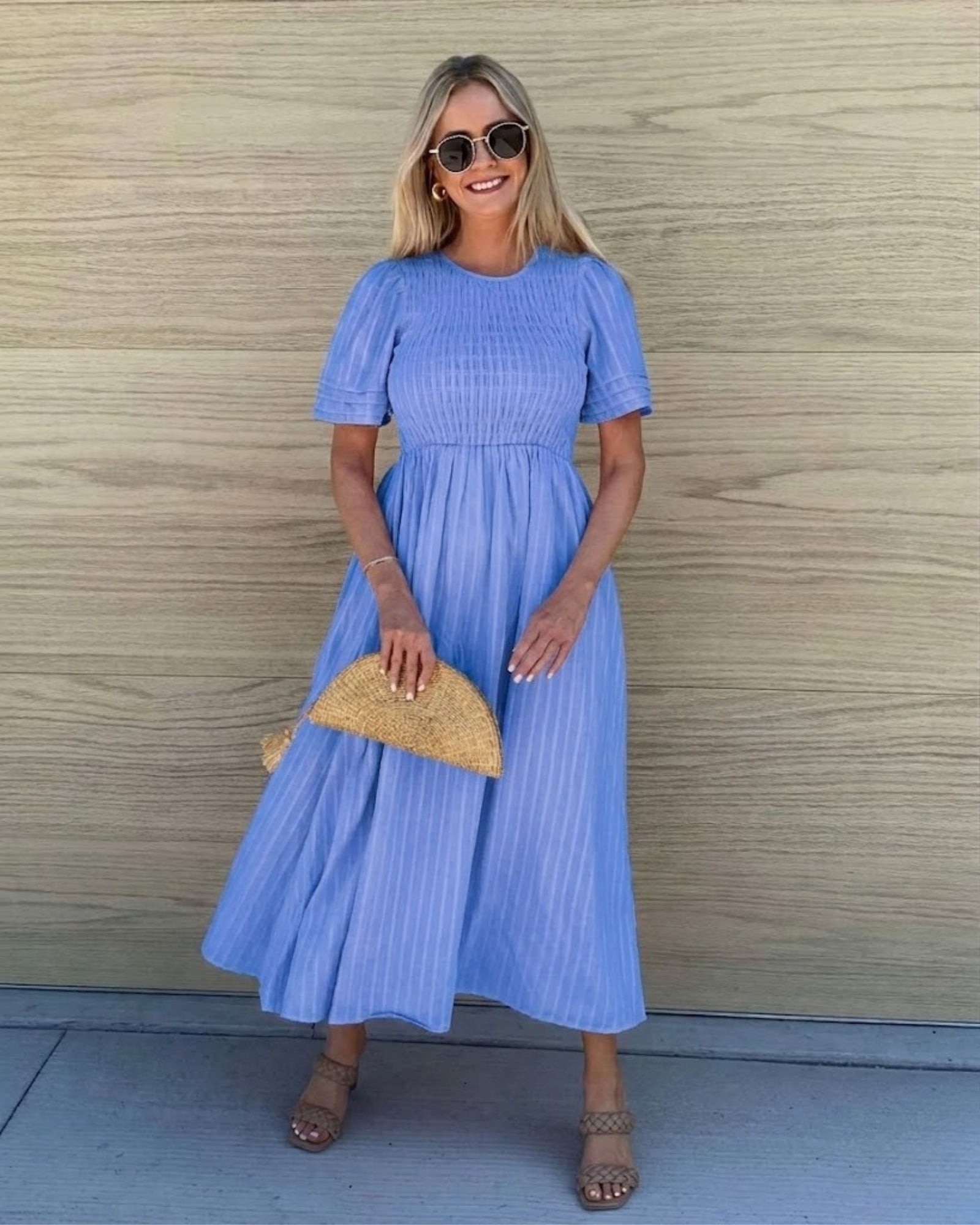 Women's cornflower blue cotton midi dress with structured bodice, the Iolana Dress in Cornflower by Esther & Co