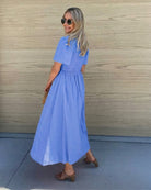 Women's cornflower blue a-line midi dress with short sleeves by Esther & Co
