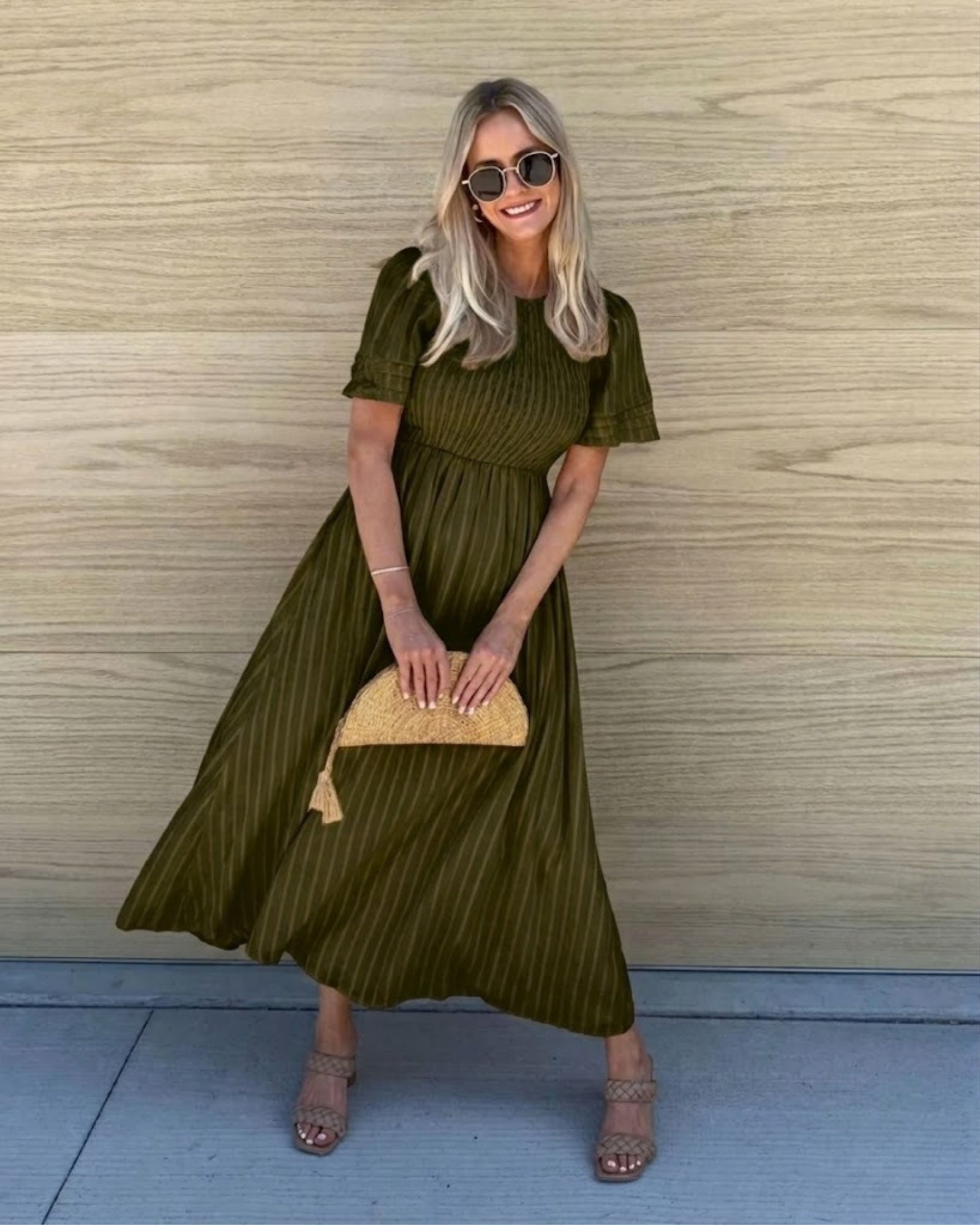 Women's dark olive cotton midi dress with shirred bodice, the Iolana Dress in Dark Olive by Esther & Co
