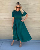 Iolana Dress in Deep Green womens deep green smock midi dress styled outfit