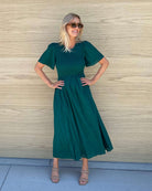 Iolana Dress in Deep Green womens cotton smock midi dress in deep green front view