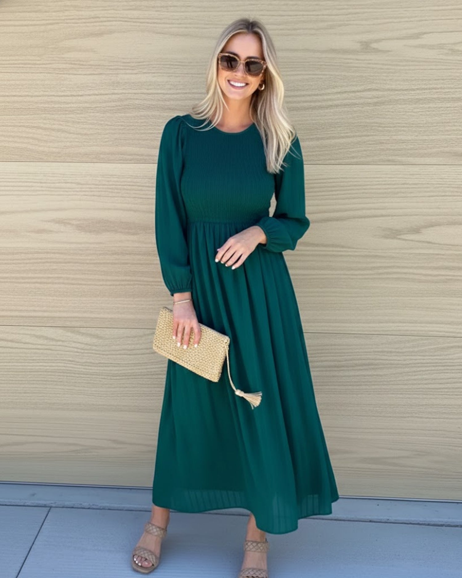 Iolana Dress in Deep Green Long Sleeve womens emerald green midi dress styled outfit