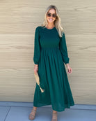 Iolana Dress in Deep Green Long Sleeve womens cotton midi dress in deep emerald front view