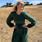 Iolana Dress in Deep Green Long Sleeve womens deep green cotton midi dress back view