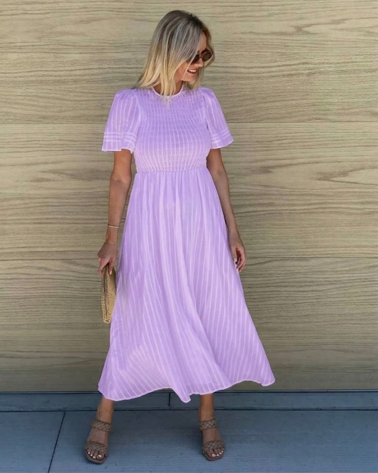 Women's lavender cotton midi dress with pleated bodice, the Iolana Dress in Lavender by Esther & Co
