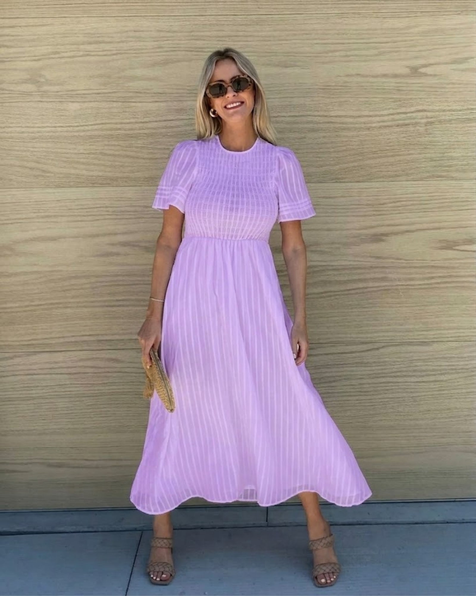 Women's lavender a-line midi dress with short sleeves by Esther & Co