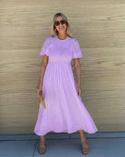 Women's lavender a-line midi dress with short sleeves by Esther & Co