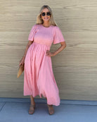 Iolana Dress in Pink womens pink cotton smock midi styled outfit