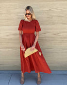 Iolana rust A-line cotton midi dress, full length