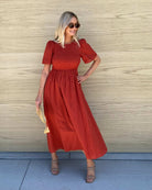 Iolana rust cotton smock midi dress, front view