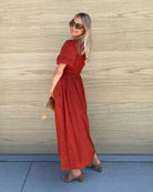 Iolana rust cotton midi dress, styled view