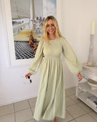 Iolana Dress in Soft Khaki Long Sleeve soft khaki cotton A-line midi full length