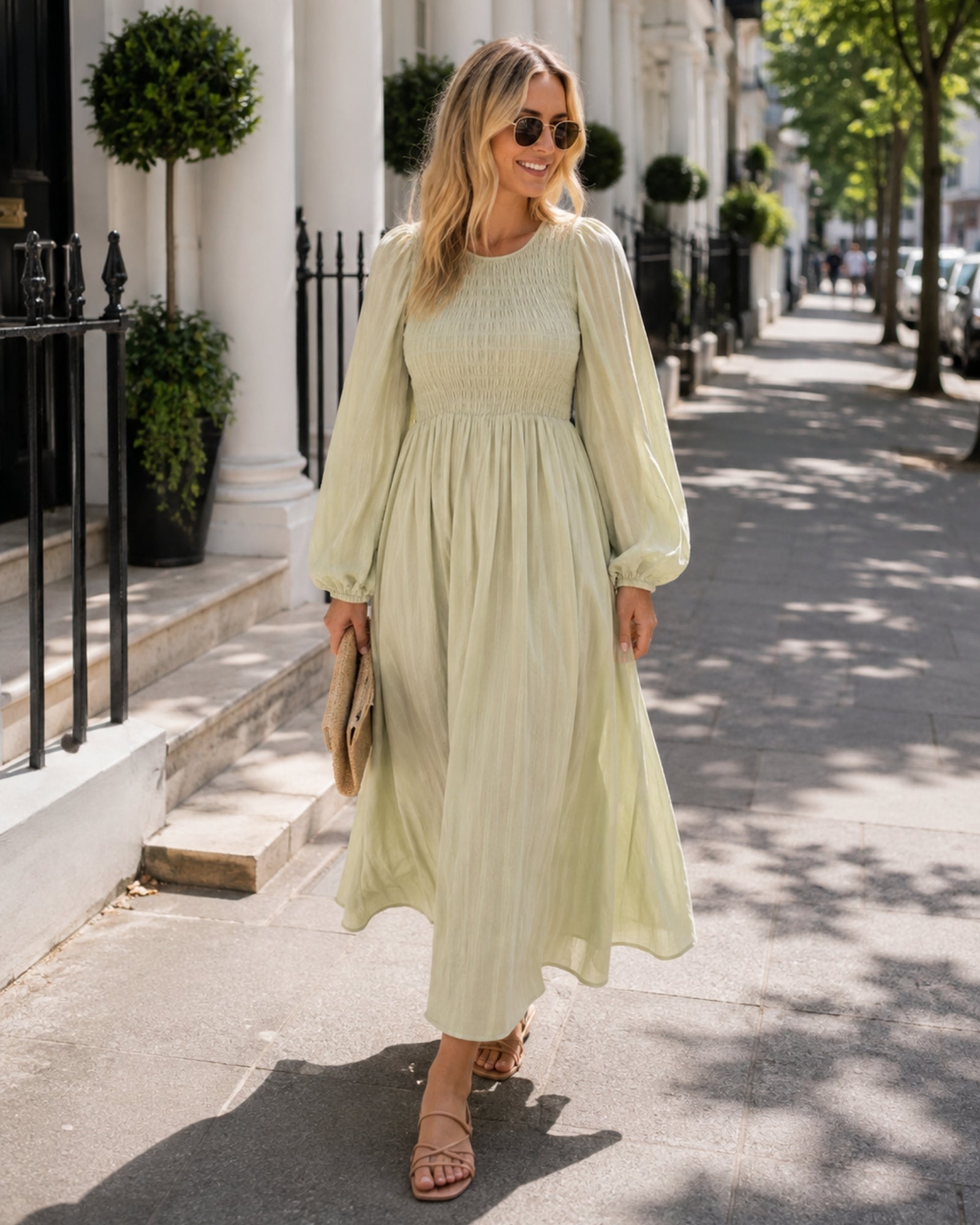 Women's soft khaki long sleeve cotton midi dress with smocked bodice, the Iolana Dress in Soft Khaki Long Sleeve by Esther & Co