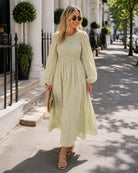 Women's soft khaki long sleeve cotton midi dress with smocked bodice, the Iolana Dress in Soft Khaki Long Sleeve by Esther & Co