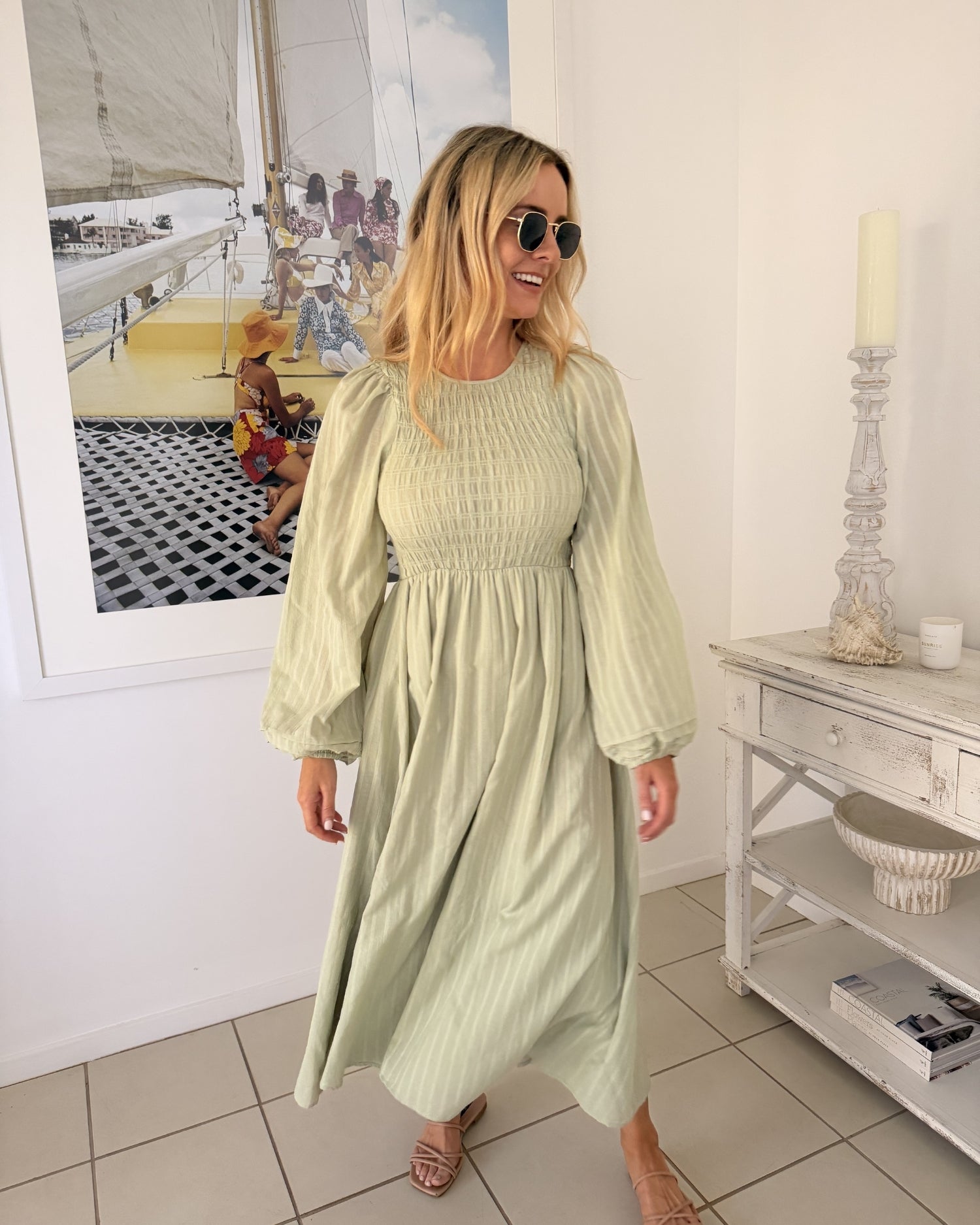 Iolana Dress in Soft Khaki Long Sleeve womens long sleeve khaki midi close up detail