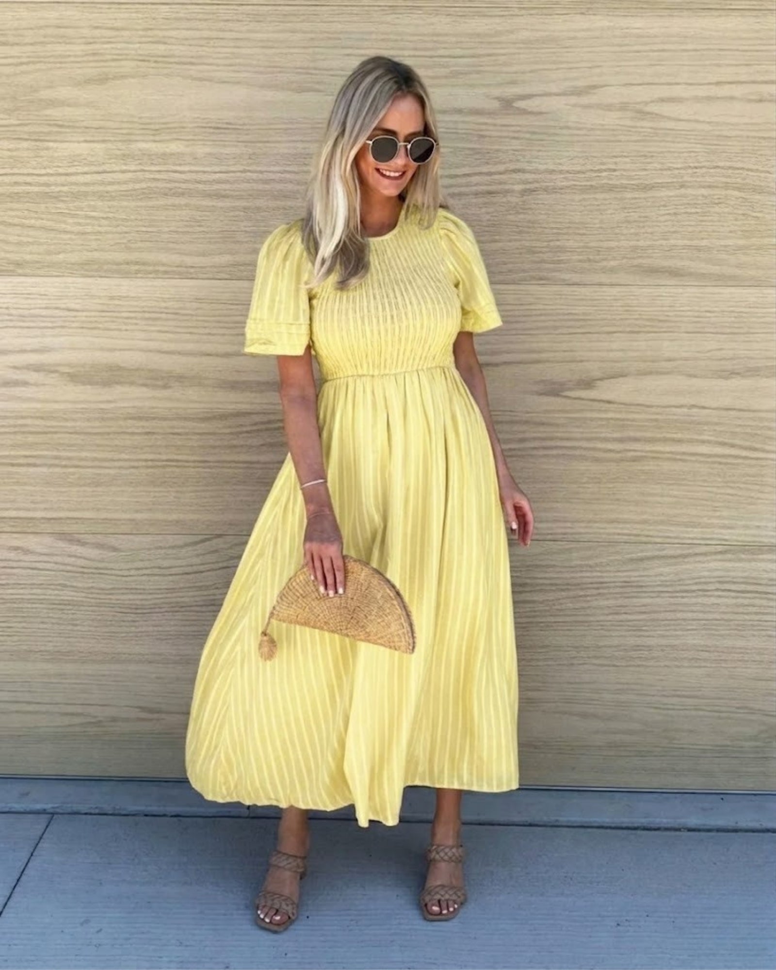Women's yellow midi dress with double layered flutter sleeves by Esther & Co